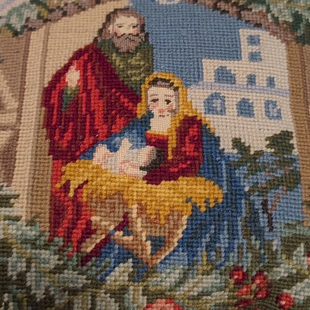 Holiday Nativity Scene Needlepoint Pillow Green Velvet Backing